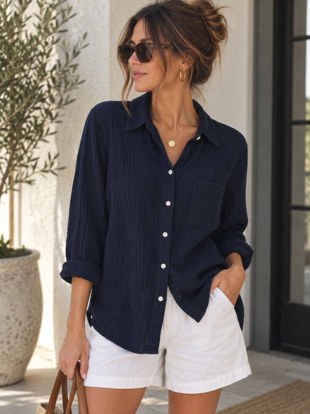 J.Jill Navy Double Gauze Button Front Shirt Medium Petite 100% Cotton Coastal
